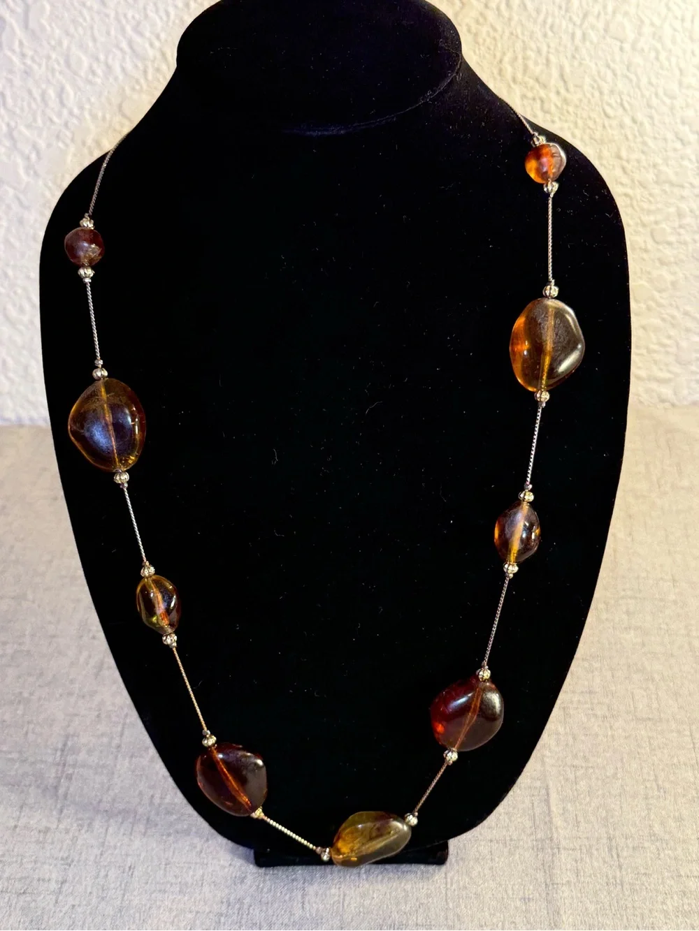 Vintage Amber Tone Lucite Acrylic Nugget Station Necklace 30